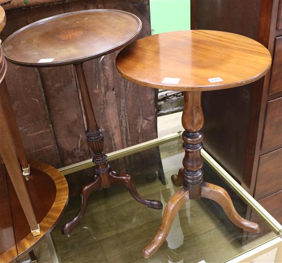 A Victorian mahogany circular tilt top wine table, and an Edwardian inlaid mahogany wine table W.45cm (2)